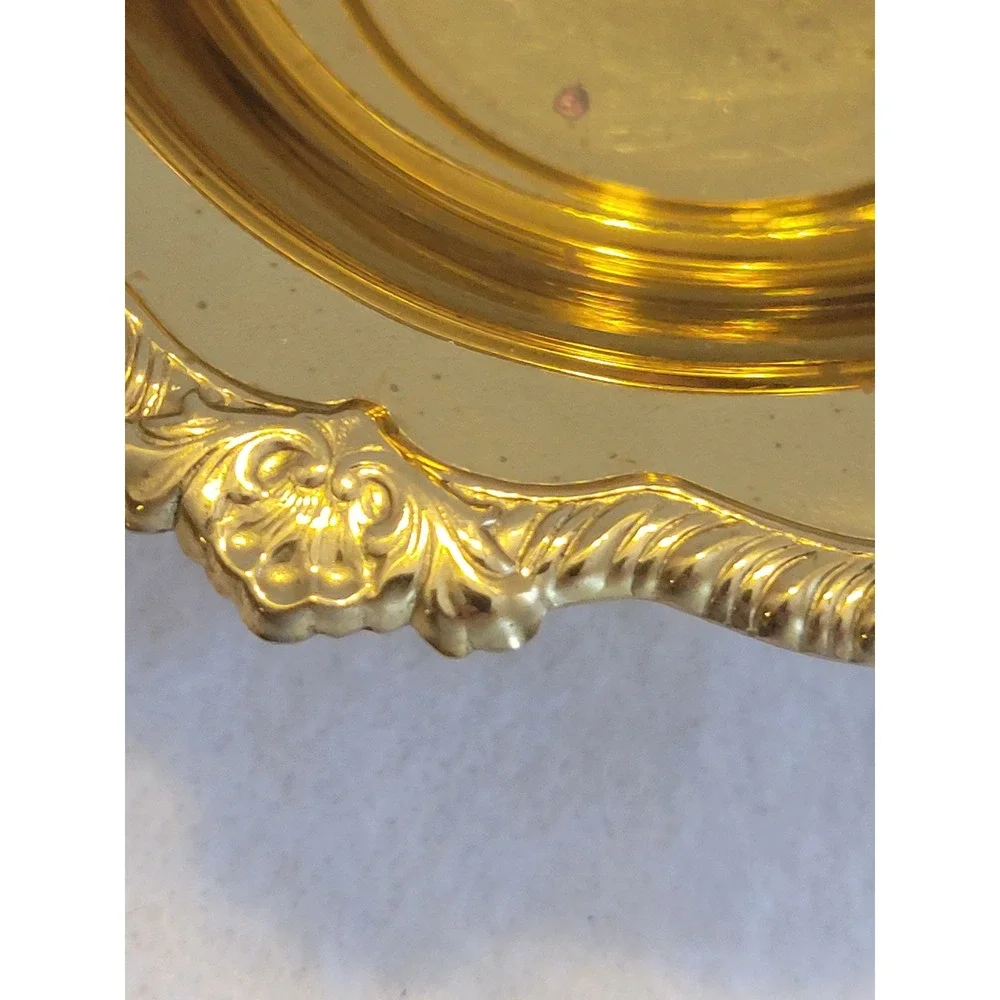 VTG Footed Serving Bowl and Ladle Set 7in Gold Tone‎ Ornate Scalloped Floral